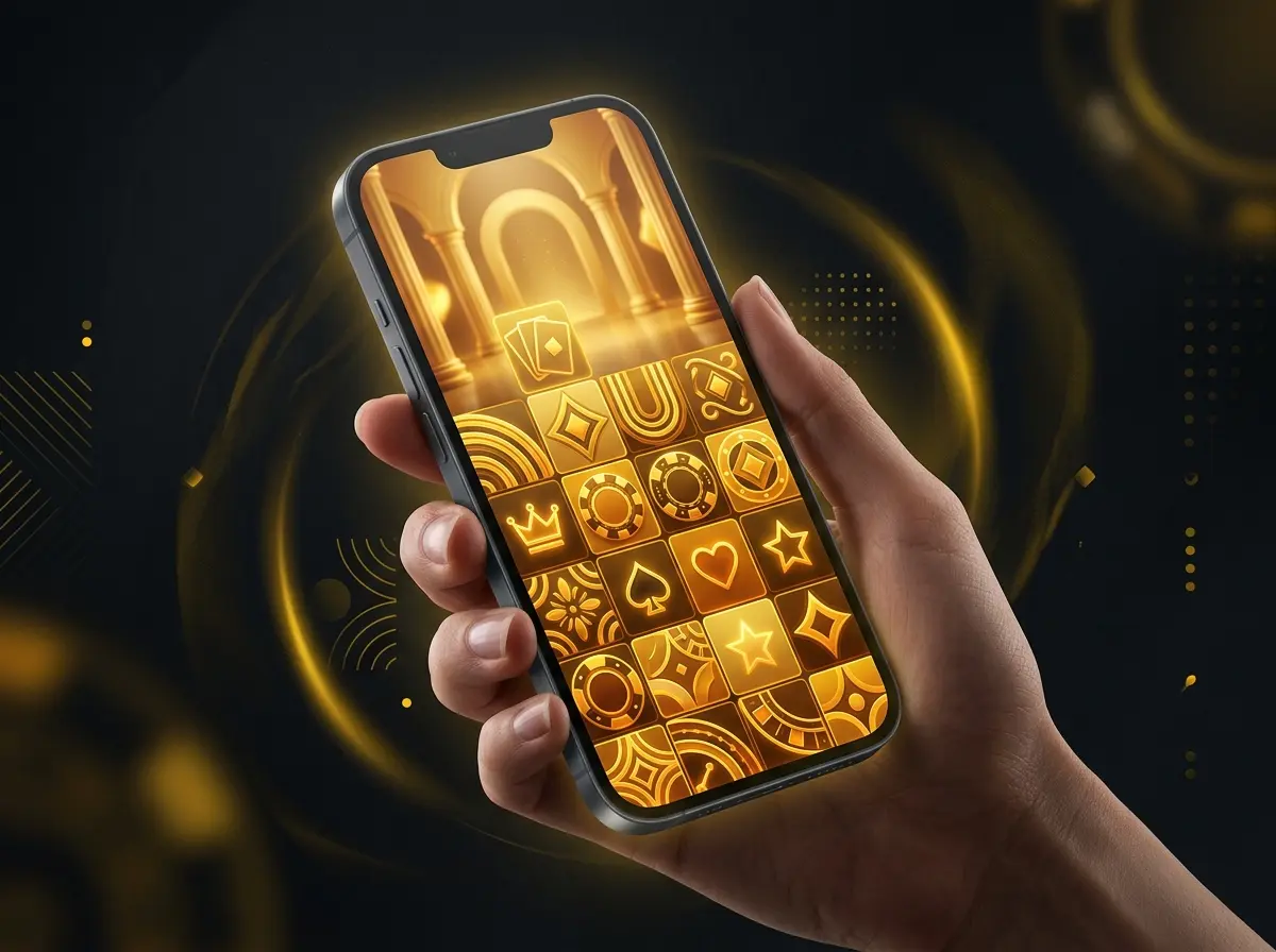 iPhone in a hand showing the casino lobby of the Melbet iOS app