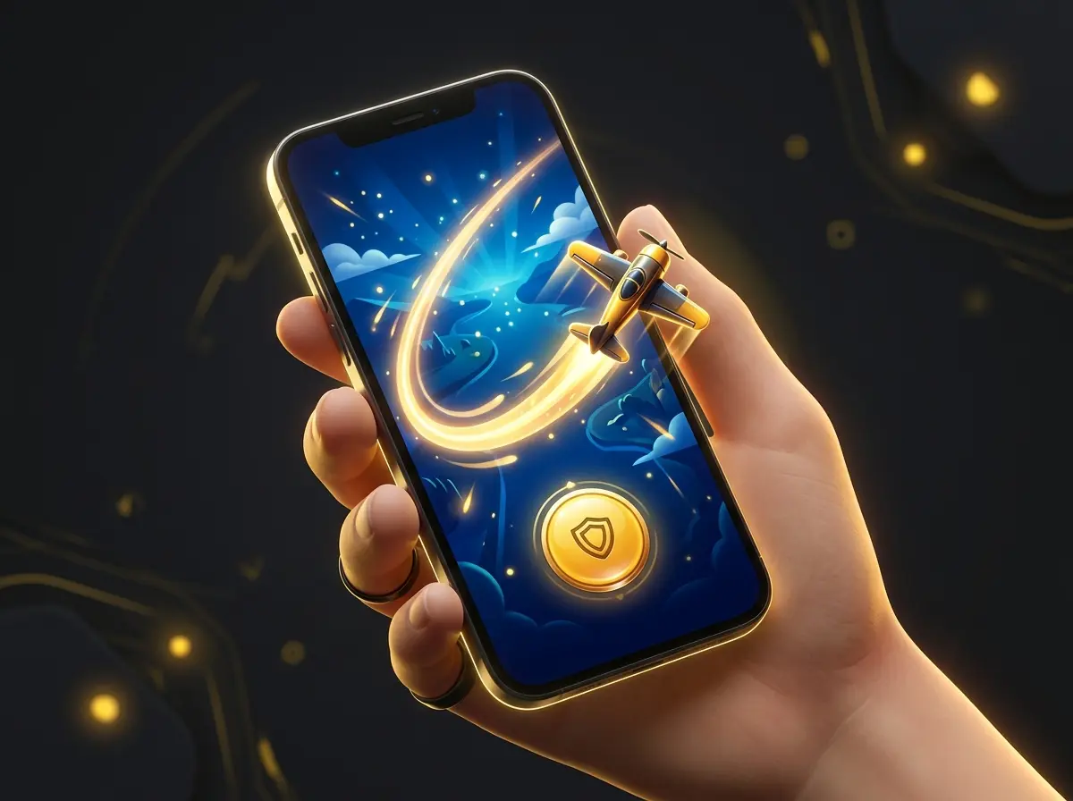 Hand holding a smartphone with the Aviator game screen