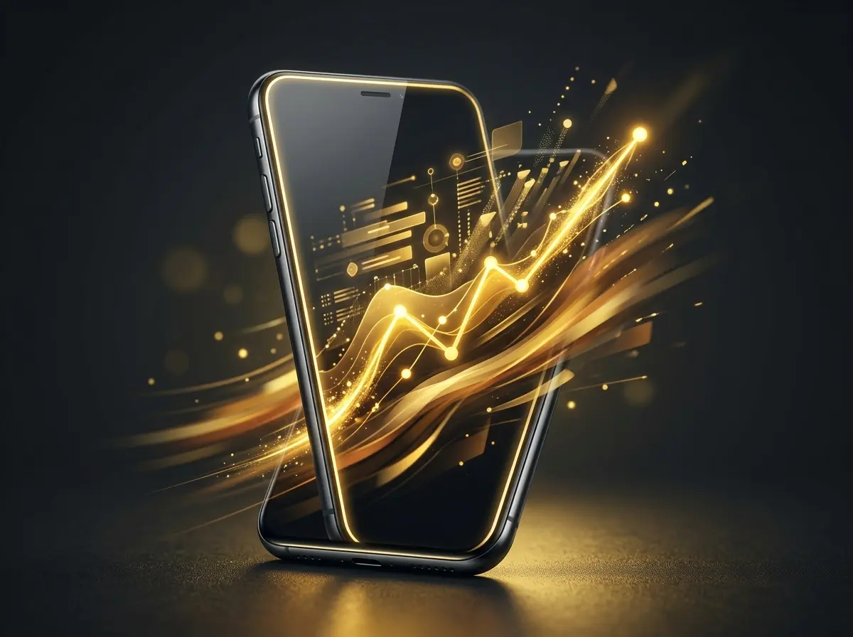 Smartphone with a live events feed and line chart for live betting