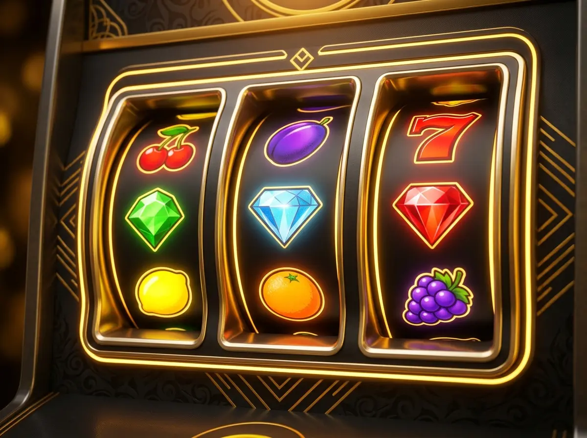 Glowing slot reels with fruit and gem symbols