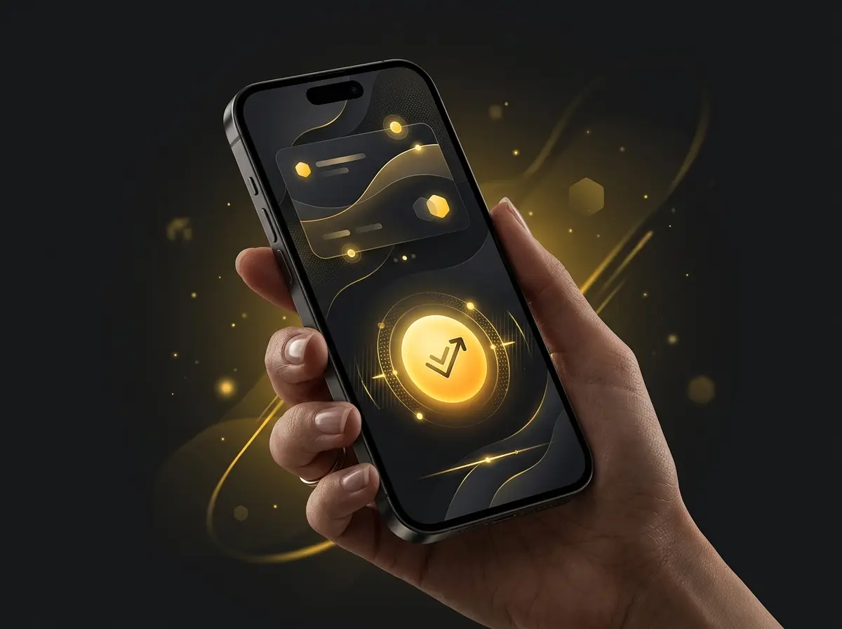 Hand holding a smartphone with a payment confirm button