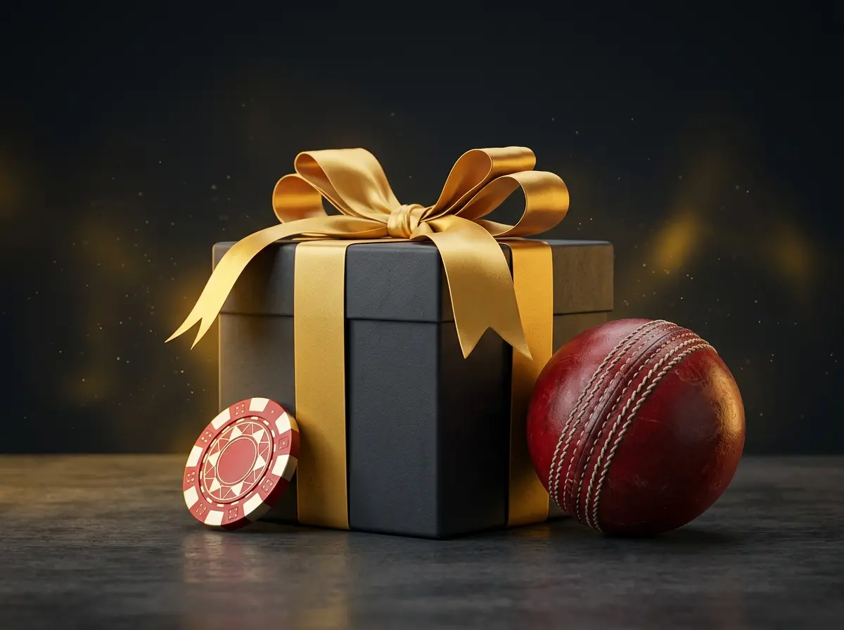 Gift box with a yellow ribbon, cricket ball and casino chip for Melbet welcome bonuses