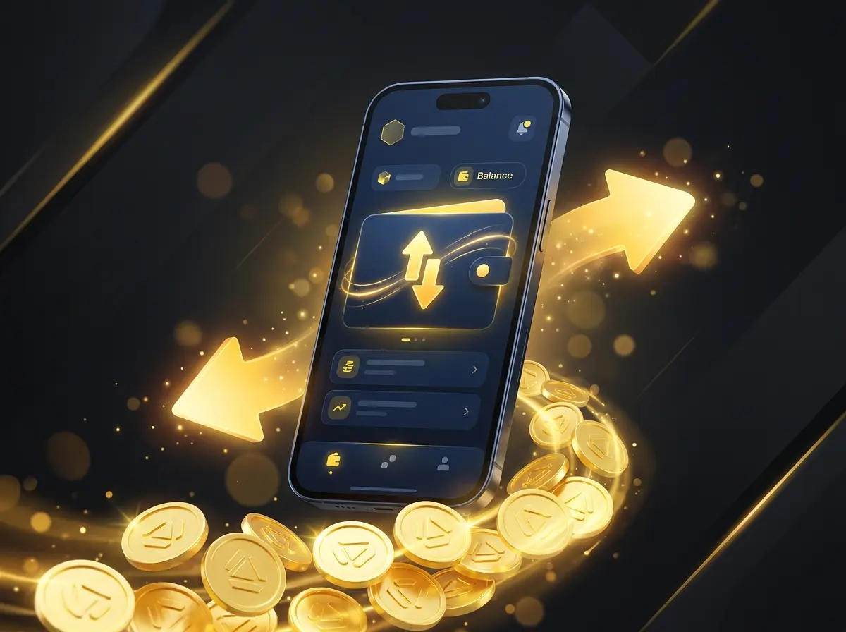 Smartphone wallet with deposit and withdrawal arrows and yellow coins