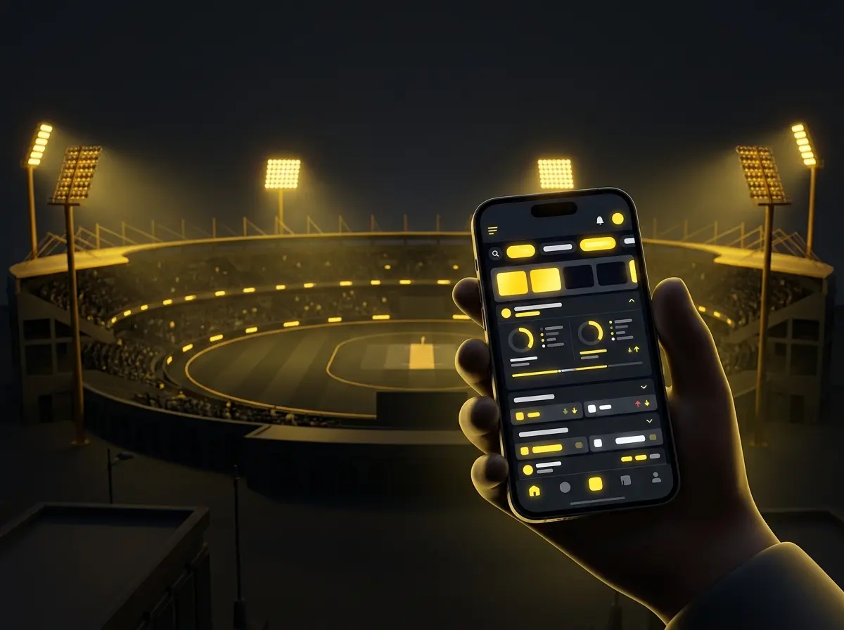 Night cricket stadium with a smartphone showing live betting at Melbet
