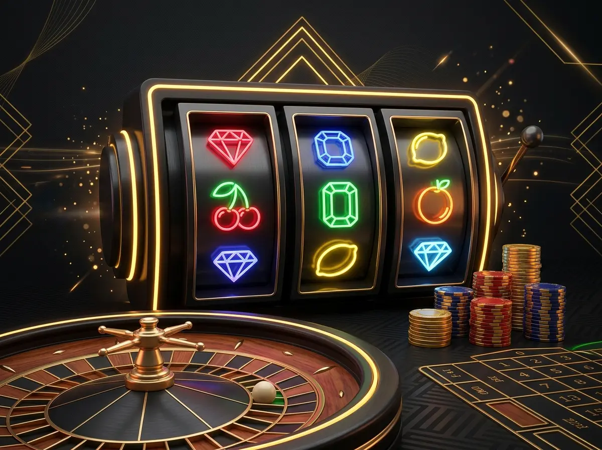 Neon slot reels, chips and roulette wheel of the Melbet online casino