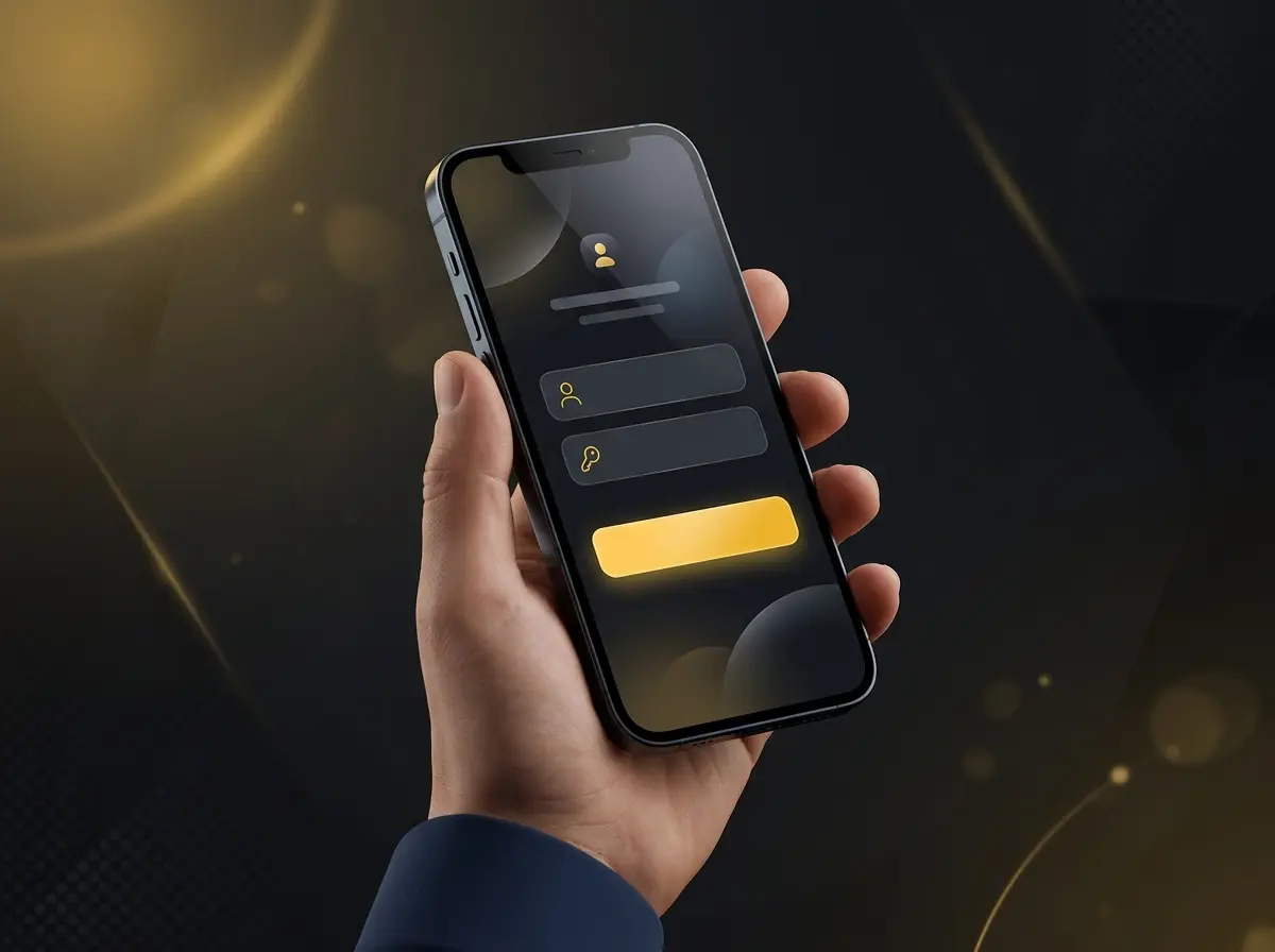 Hand holding a smartphone with the app login screen