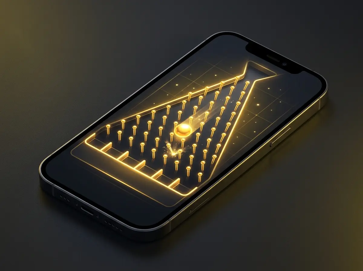 Smartphone showing a Plinko game with pins and a ball